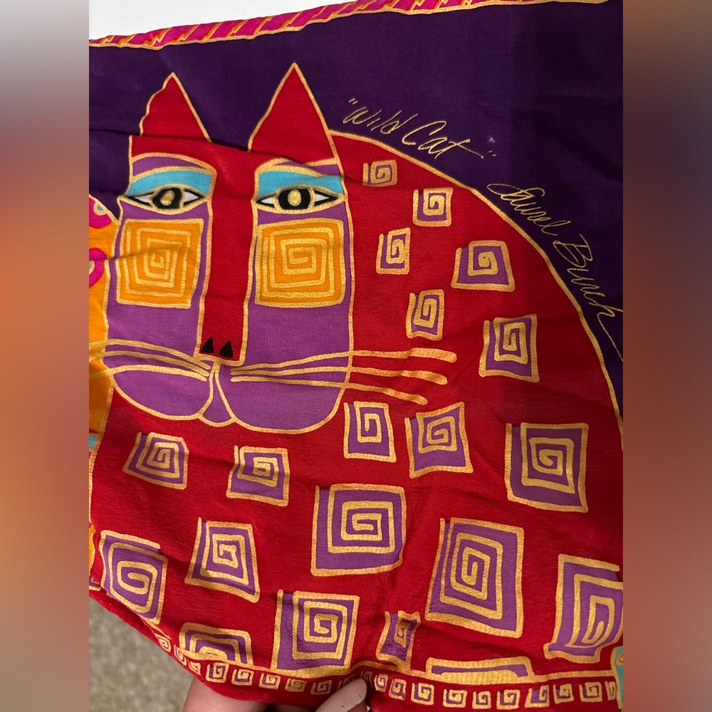 1980’s Laurel Burch Wild Cat Silk Scarf, Bright Colors
